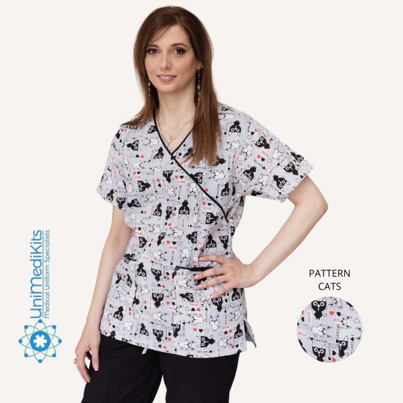 Unimedikits - Medical Blouse, Pattern: Cats | Ιατρική/Νοσηλευτική Μπλούζα με Γάτες