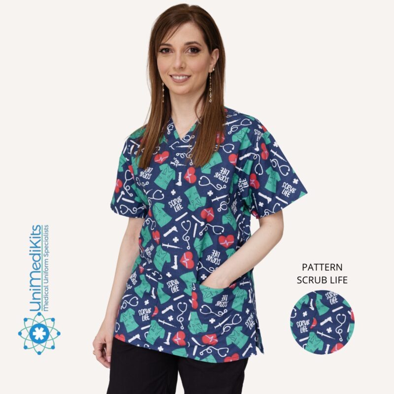 Unimedikits - Medical Blouse, Pattern: Scrub Life | Ιατρική/Νοσηλευτική Μπλούζα με Εκτύπωση Scrub Life